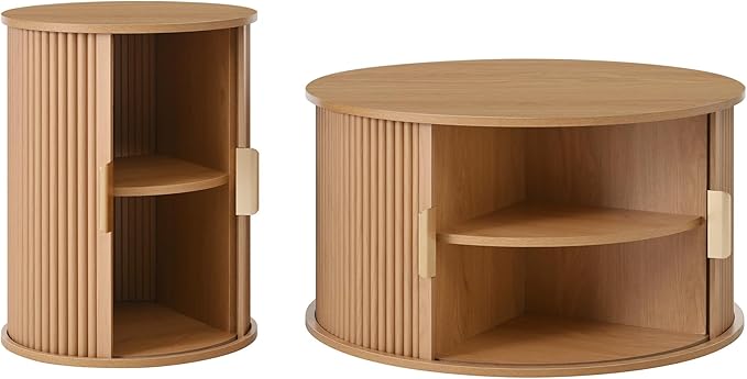 Merax Mid Century Coffee Table Set with Sliding Tambour Door, Round Coffee Table with Storage, Fluted Accent Center Tables for Living Room, Office, Small Space, Natural