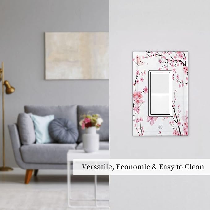 Cherry Floral Watercolor Pink Flowers Butterfly Decorative Outlet Covers 1 Gang Single Rocker Light Switch Cover Plate Wall Plates GFCI Faceplate for Bed Room Living Room Decor