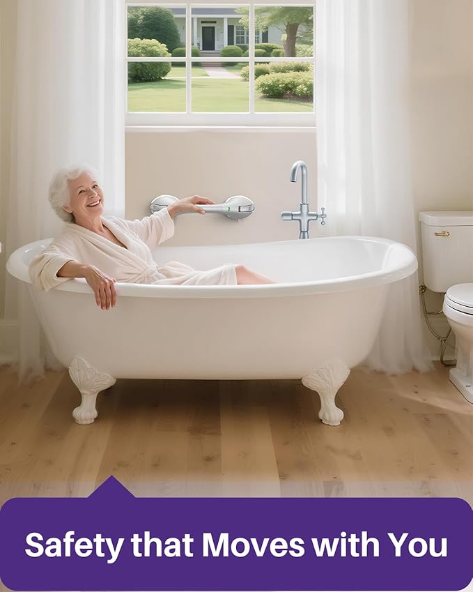 KEKOY 17.5 Inch Suction Grab Bars for Bathtubs & Showers with Indicator 2 Pack- Heavy Duty Safety Shower Handle for Seniors and Elderly, Handicap Bars for Bathroom, No Drilling, Silver