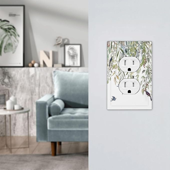 Green Leaf Eucalyptus Leaves Floral Bird Butterfly Outlet Covers 1 Gang Duplex Light Switch Cover Decorative Switch Plates Electrical Receptacle Faceplate Wall Plate for Bed Room Living Room Decor