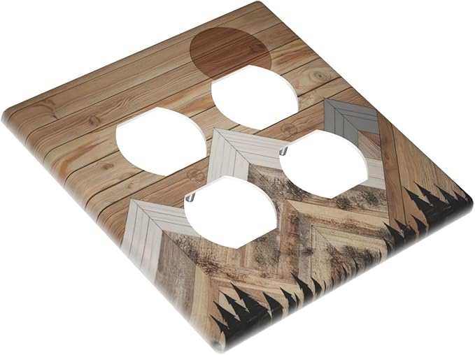 Wooden Planks Mosaic Snow Mountain Sun Outlet Covers 2 Gang Double Duplex Decorative Light Switch Covers Electrical Wallplates Socket Faceplate for Farmhouse Home Decor
