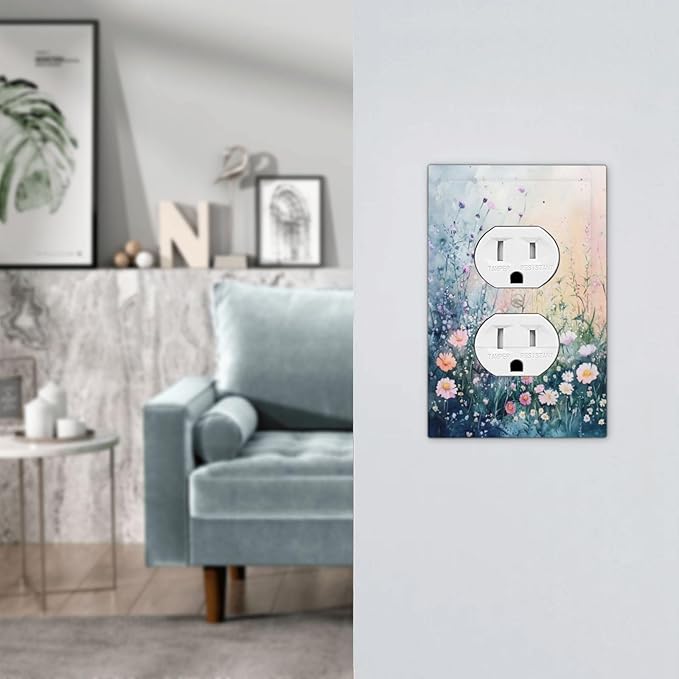 Outlet Covers Pink Floral Wildflower Green Plants Decorative 1 Gang Duplex Light Switch Cover Plate Receptacle Wall Plate Electrical Switch Plate Covers for Bathroom Decor