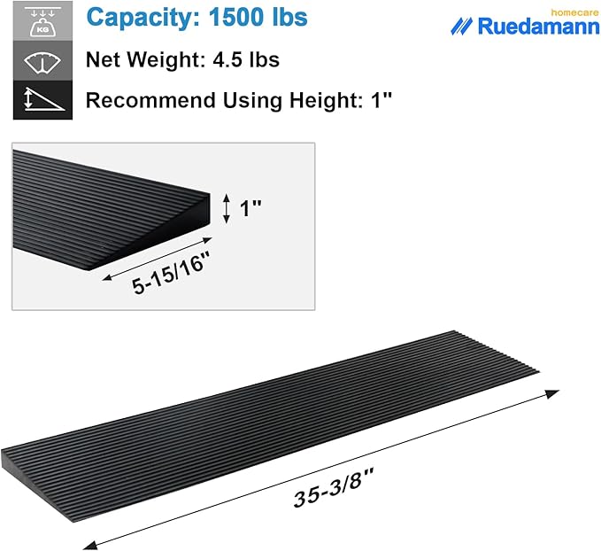 Ruedamann 1" Rise Threshold Ramp for Doorways, Sturdy Rubber Threshold Ramp, Non-Slip Power Door Ramps for Wheelchairs is Adjustable and Cuttable for Doorways,Curb, Scooters, Driveways