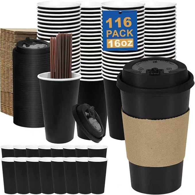 16 oz Coffee Cups + 16 Extra Cups Bulk Disposable To-Go Paper Cups with Lids and Sleeves for Hot Beverage, Chocolate, Cocoa, Office Supplies, Coffee Bar Accessories (100 Pack + 16 Extra Cups, Black)