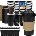 16 oz Coffee Cups + 16 Extra Cups Bulk Disposable To-Go Paper Cups with Lids and Sleeves for Hot Beverage, Chocolate, Cocoa, Office Supplies, Coffee Bar Accessories (100 Pack + 16 Extra Cups, Black)