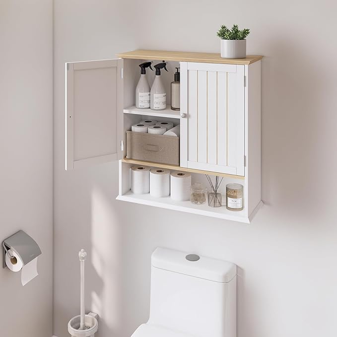 Over The Toilet Bathroom Wall Cabinet with 2 Doors & Open Shelf – Space Saving Medicine Cabinet, Wooden Wall Mounted Storage Cupboard for Bathroom Organization White