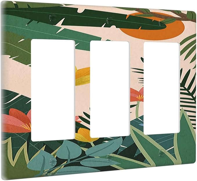 Light Switch Covers Boho Tropical Plant Floral Pattern 3 Gang Rocker Electrical GFCI Decorative Triple Outlet Wall Plate Cover Switchplate for Bedroom Cabin Decor