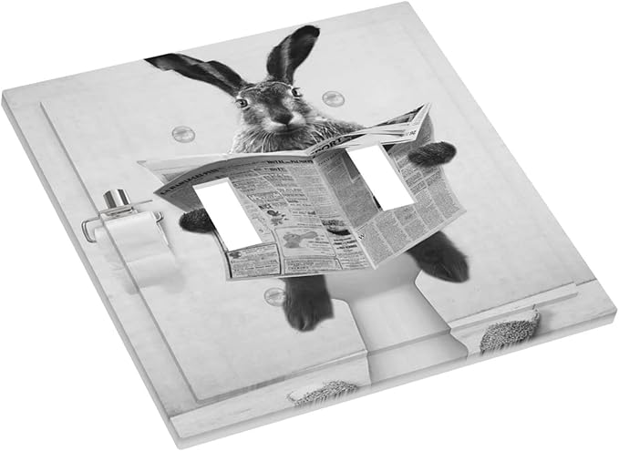 Funny Retro Cute Animals Vintage Grey Black Rabbit Double Toggle Light Switch Plate Cover Decorative 2 Gang Wall Plate Covers Dual Device Electrical Switchplate for Country Bathroom Bedroom