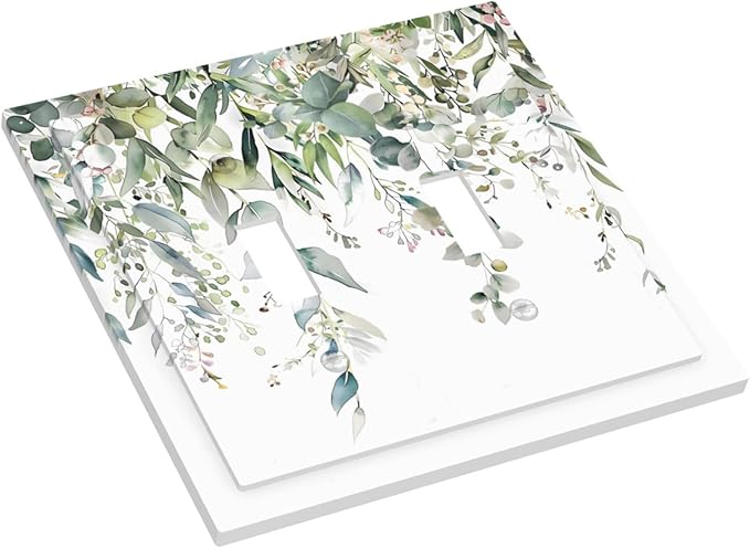 Sage Green Watercolor Eucalyptus Leaves Floral Flowers Decorative Switch Plates 2 Gang Double Toggle Outlet Light Switch Cover Wall Plate Electrical Faceplate for Farmhouse Bed Room Decor