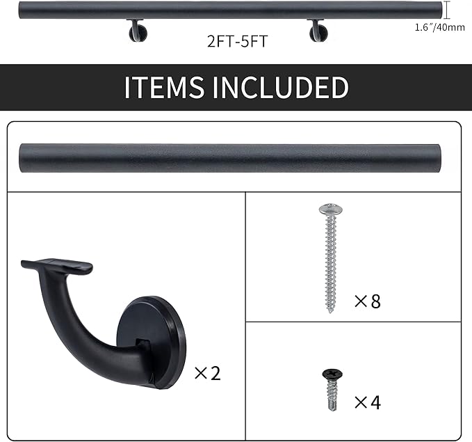 5FT Modern Aluminum Handrail Set, handrails for Indoor Stairs,Deck,Slope, Wall Mounted Staircase handrails, Zink Alloy Brackets Included,Rust Free. (Matte Black, 5 FT)