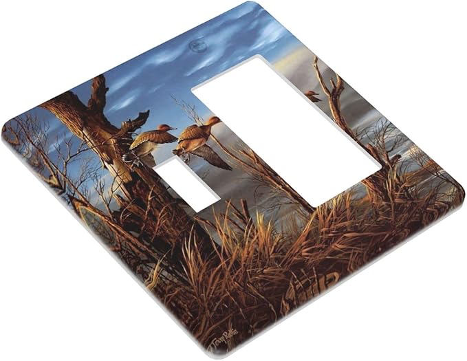 Outlet Covers Hunting Flying Wild Ducks 2 Gang Toggle Rocker Combination Wall Plates Decorative Light Switch Cover Fall Lakeside Reed Wildlife Animal Mallard Receptacle Electrical Switchplate