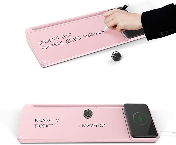 TOWON Desktop Glass Whiteboard with Charger Pad, Small Desk Whiteboard - Glass Dry Erase White Board- Desk Computer Buddy with Storage, Mirror and Charging Station, Pink, 17 x 6 in