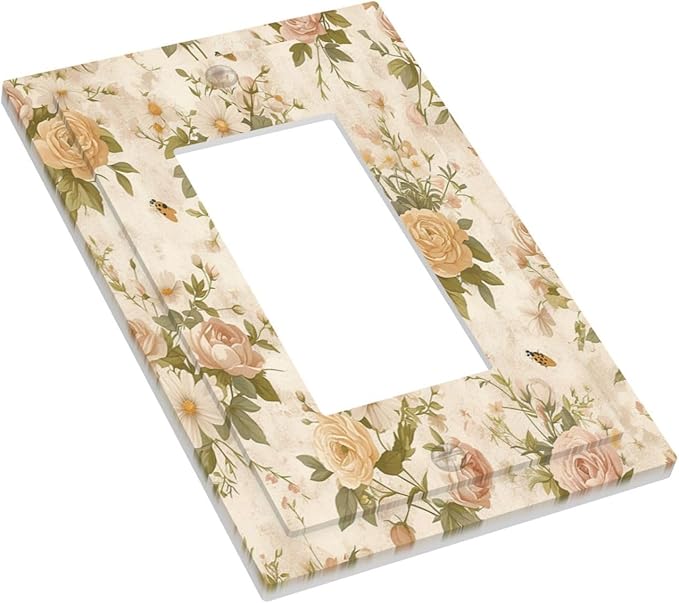 Decorative Outlet Covers Boho Vintage Roses Pink Red Yellow Bouquet Floral 1 Gang Single Rocker Light Switch Cover Plate Wall Plates GFCI Faceplate for Bedroom living Room Decor