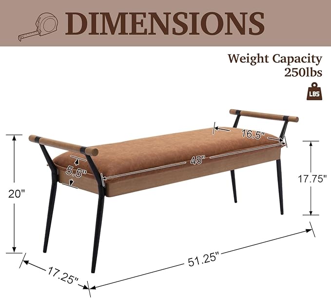 LukeAlon Modern PU Leather Entryway Bench, Upholstered End of Bed Bench with Arms Classic Bedroom Ottoman Bench with Metal Legs Elegant Footstool for Entrance Living Room, Brown