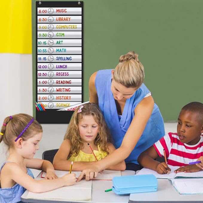 Godery Daily Schedule Pocket Chart, 13+1 Scheduling Pocket Chart with18 Dry-Eraser Cards, Educational Charts for Classroom Office Home Preschool Activity (Black)