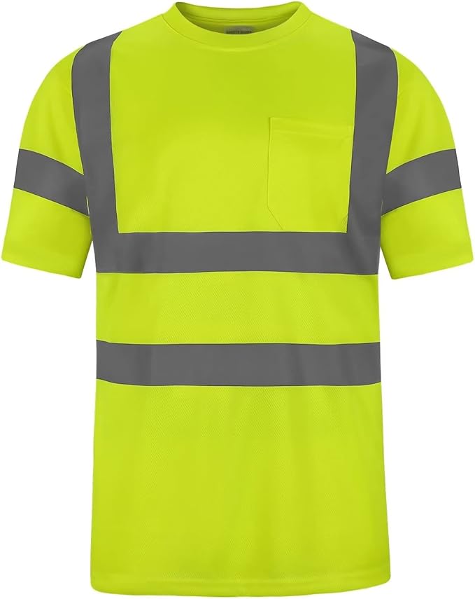 High Visibility Class 3 T Shirts，Hi Vis Safety Shirts with Reflective Strips and Pocket, Short Sleeve Quick Dry Mesh Construction Work Shirt for Men/Women Lime,Medium