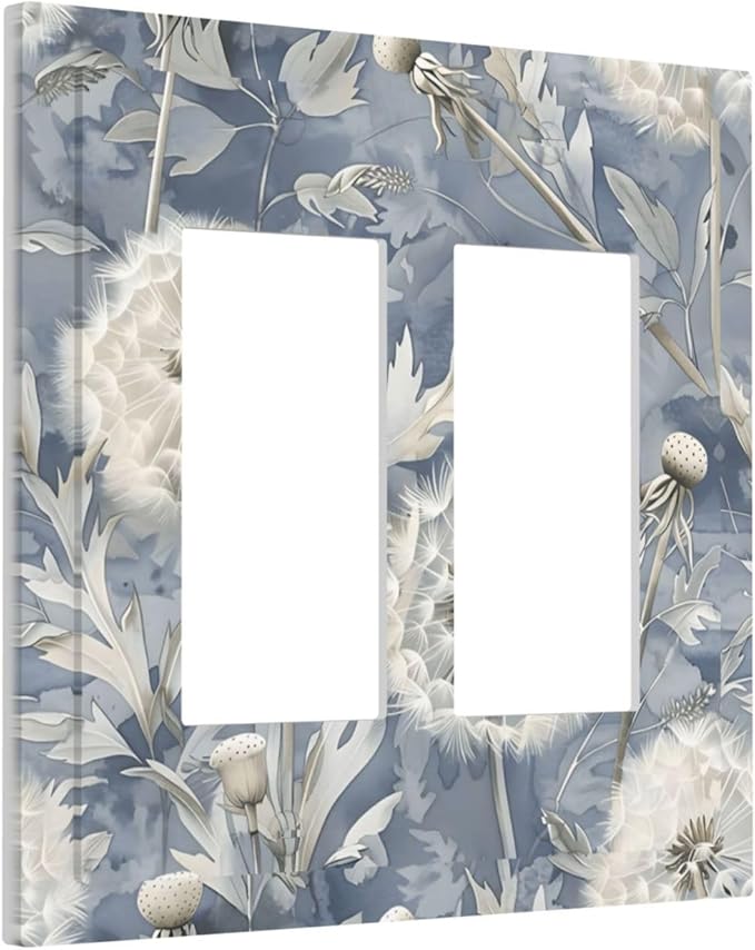 Blue Dandelion Vintage Floral Boho Flower Decorative Outlet Covers 2 Gang Double GFCI Rocker Electrical Wall Panels Light Switch Cover Plate for Bedroom Living Room Home Decor