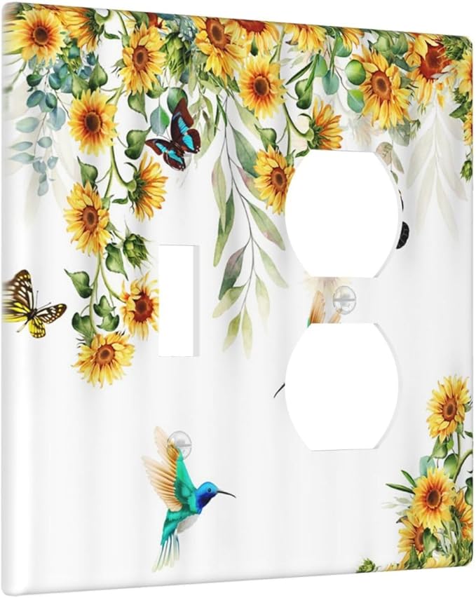 Yellow Sunflower Butterfly with Bird Decorative Light Switch Cover Plate 1 Toggle/1 Duplex Outlet Covers 2 Gang Combo Gfci Wall Plate Electrical Receptacle Switchplate for Bathroom Decor