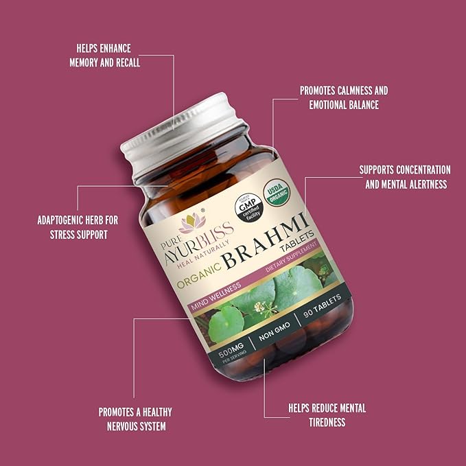 100% Organic Brahmi Tablets with Bacopa monnieri Extract, Ayurvedic Cognitive Support for Memory, Focus, and Mental Clarity, Herbal Brain Health Formula - 90 Count