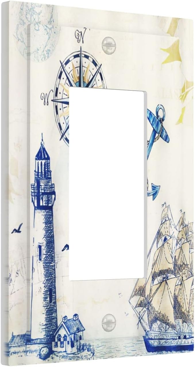 Nautical Sailboat Lighthouse Compass Anchor Single Rocker Light Switch Cover 1 Gang Outlet Cover Decorative Rustic Gfci Electrical Wall Plate Dimmer Switchplate for Country Bathroom Decora
