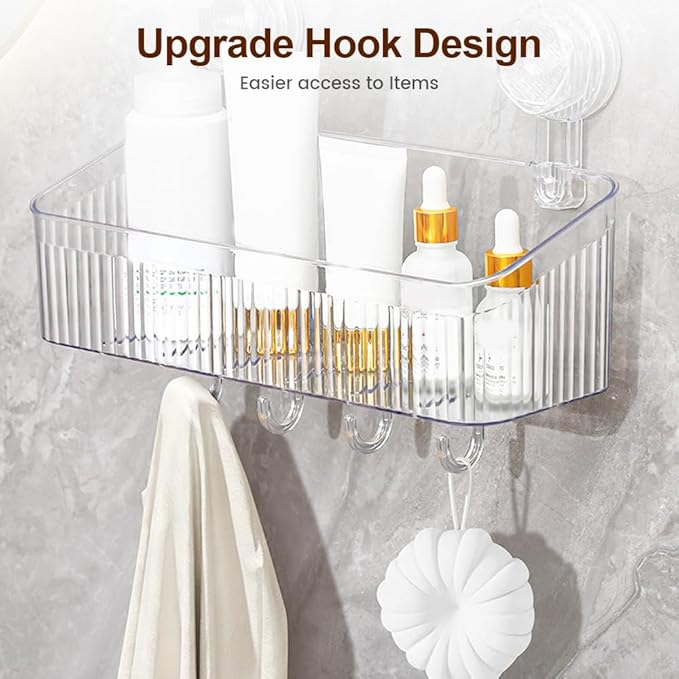 No-Drill Bathroom Suction Storage Box, Corrugated Suction Cup Wall Organizer, Removable Hanging Storage Basket with Strong Hold, Acrylic Shower Caddy for Bathroom (Grey S)