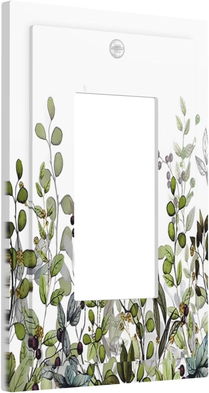 Watercolor Green Eucalyptus Leaves Plants Fruit Decorative Outlet Covers 1 Gang Single Rocker Light Switch Cover Plate Wall Plates GFCI Faceplate for Bed Room Living Room Decor