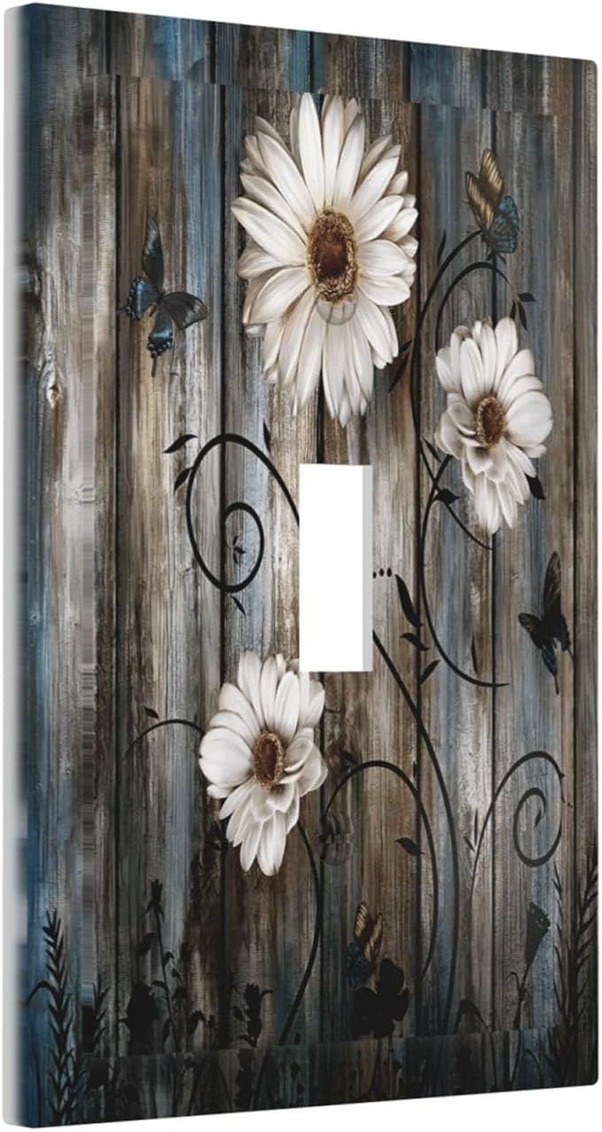 Rustic Wood Background Floral Butterfly Daisy Decorative Light Switch Cover 1 Gang Single Toggle Device Electrical Faceplate Switchplates Decorator Outlet Wall Plate for Farmhouse Bedroom Decor