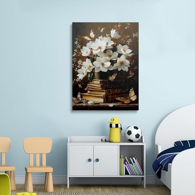 Framed Floral Book Butterfly Vintage Picture Wall Decor Gift Retro Bible Print Poster Rustic Painting Flower Canvas Wall Art for Living Room Bedroom Artwork (16"x24")