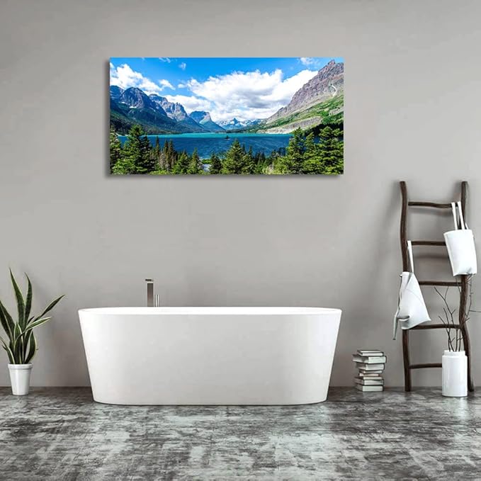 Landscape Canvas Wall Art for Living Room Wall Decor Glacier National Park Canvas Pictures Blue Sky Mountain Forest Nature Painting Artwork Office Home Decorations Framed Ready to Hang 29" x 58"