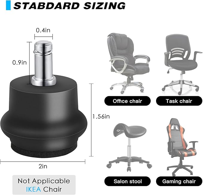 Bell Glides Replacement Office Chair or Stool Swivel Caster Wheels to Fixed Stationary Castors, Office Chair Wheels for Carpet - with Separate Self Adhesive Felt Pads/Chair Feet Wheel Stopper