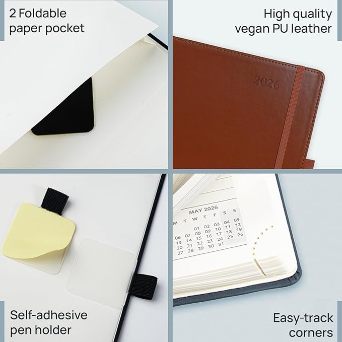 POPRUN 2026 Weekly Planner (Medium 7'' x 8.5''), 30-Minute Hourly Appointment Book (Jan 2026-Dec 2026) with Monthly Tabs, Inner Pockets, Pen Holder, PU Leather Softcover, 100GSM - Night Sky Navy Blue