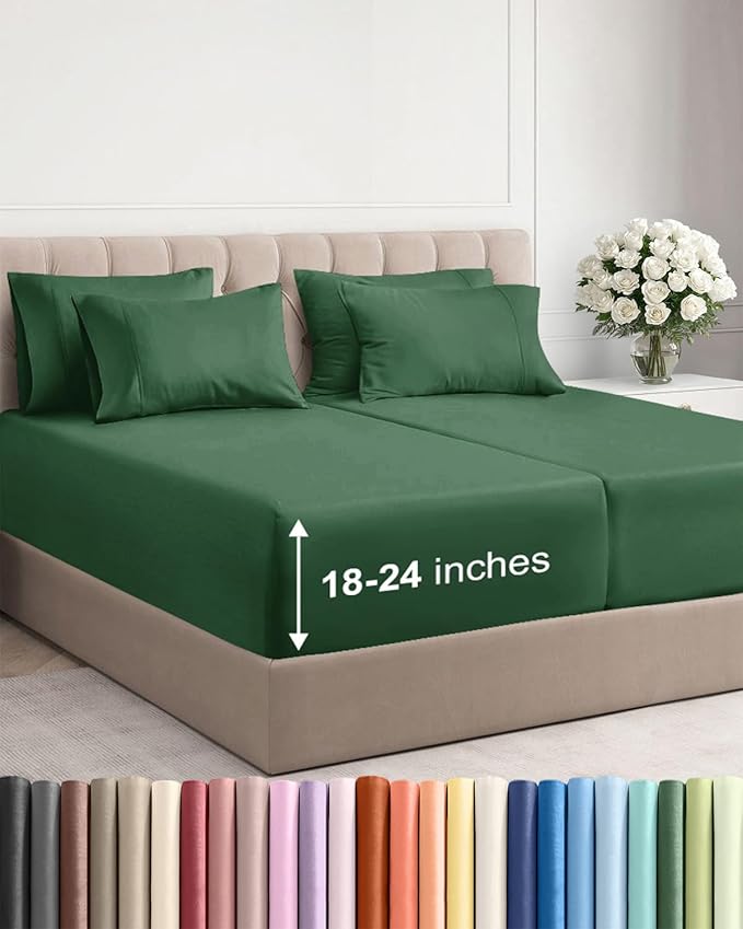 Extra Deep Split King Sheet Set - 7 Piece Breathable & Cooling Sheets - Hotel Luxury Bed Sheets Set - Easy Fit - Soft, Wrinkle Free & Comfy Sheets Set - Emerald Green Sheet Set w/Extra Deep Pockets