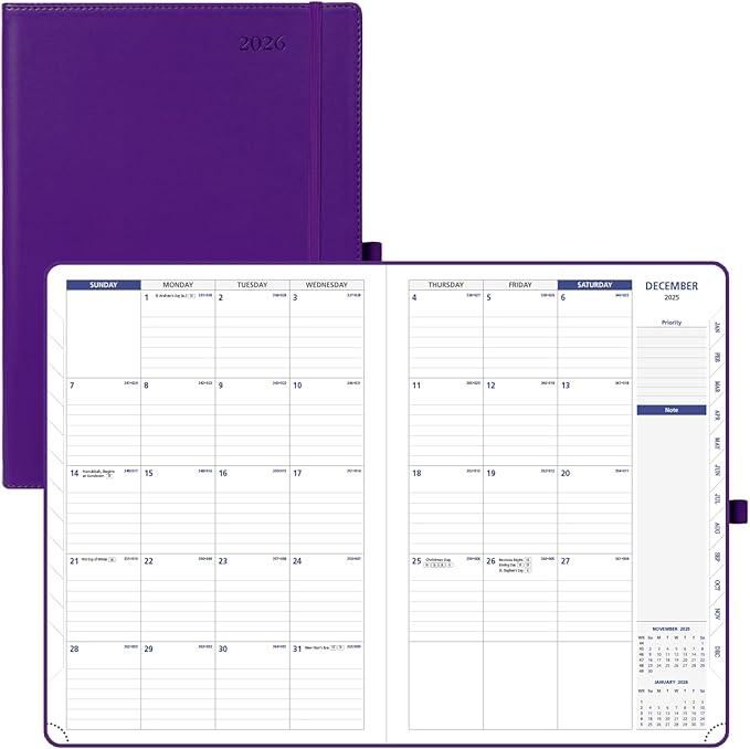 POPRUN Monthly Planner 2026-2027 (Large-8.25'' x 11.75''), 16 Months Calendar (Dec 2025-Mar 2027) Appointment Book with Stair Tabs, Inner Pockets, Pen Holder, PU Leather Softcover - Purple