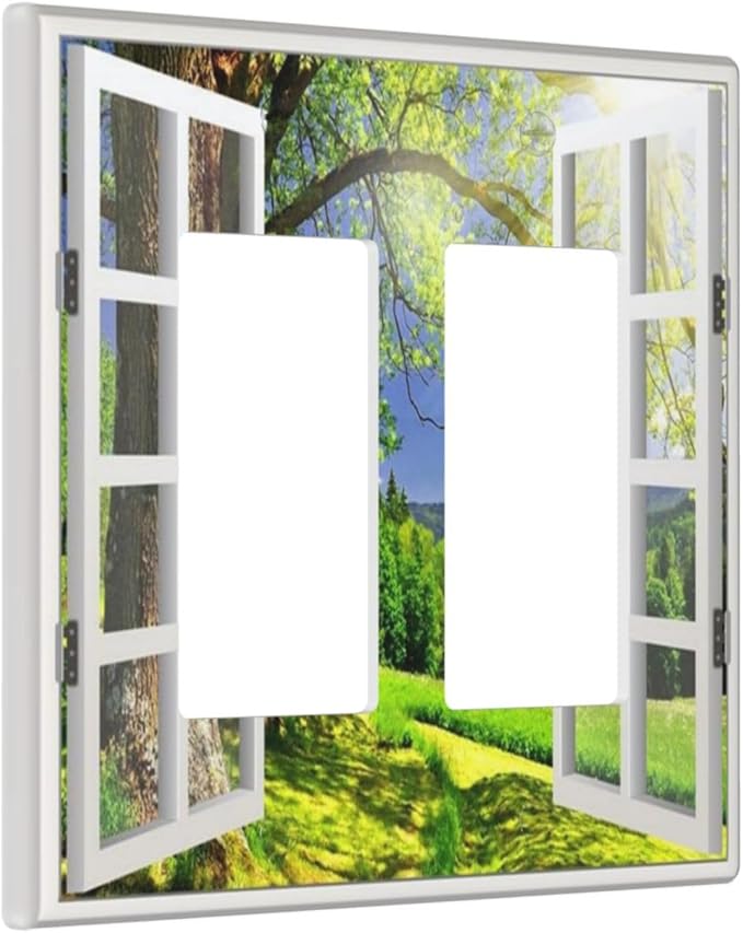 Outlet Covers Window View Green Rustic Nature Wilderness 2 Gang Wall Plate Double Rocker Light Switch Cover Decorative GFCI Receptacle Cover Electrical Switchplate for Bathroom Bedroom Decor