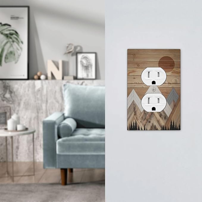 Wooden Planks Mosaic Snow Mountain Sun Outlet Covers 1 Gang Duplex Light Switch Cover Decorative Switch Plates Electrical Receptacle Faceplate Wall Plate for Farmhouse Home Decor