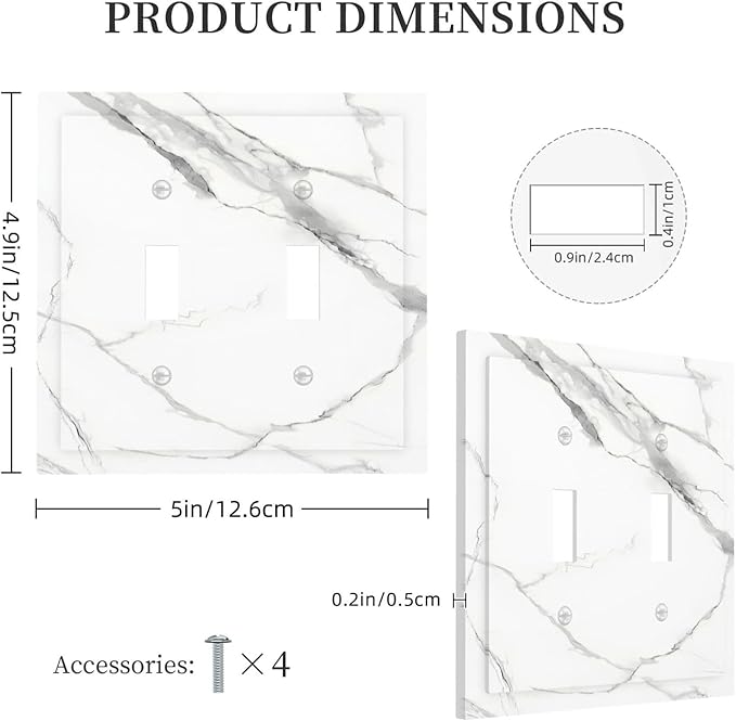 White Marble Abstract Luxurious Print Decorative Switch Plates 2 Gang Double Toggle Outlet Light Switch Cover Wall Plate Electrical Faceplate for Bathroom Kitchen Home Decor