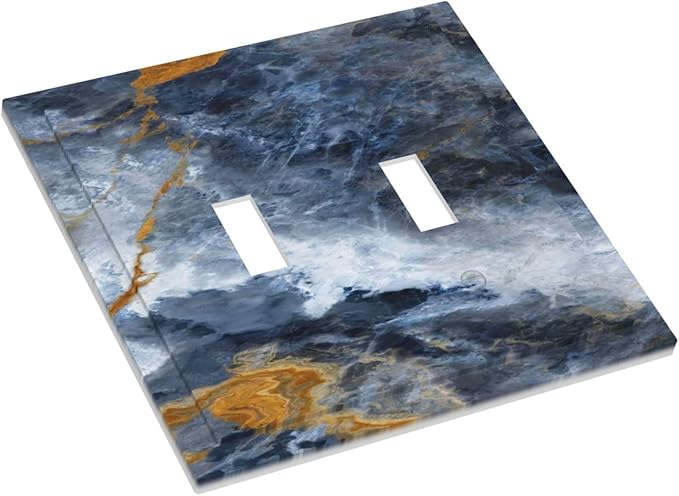 Decorative Light Switch Cover Plate Gold Dark Blue Gilt Haze Marble 2 Gang Switch Plate Covers Double Toggle Wall Plate Dual Device Faceplate for Bathroom Decor