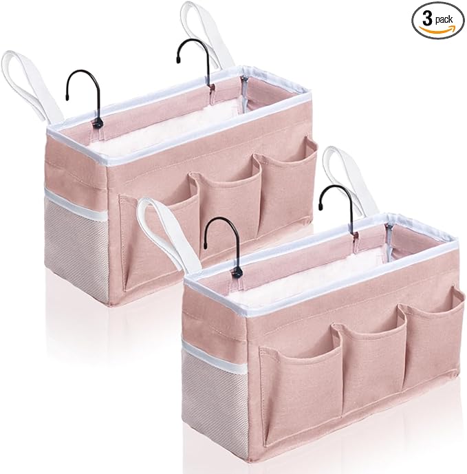 2Pcs Beside Caddy Storage Organizer, Hanging Bag Holder with Pockets for Bedroom, Loft Bed Tent, Bed Curtain, Top Bunk bed Shelf Accessories Bedside Caddy 3-pocket (Pink-2pcs)
