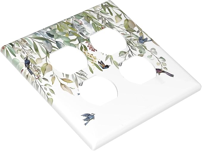 Green Leaf Eucalyptus Leaves Floral Bird Butterfly Outlet Covers 2 Gang Double Duplex Decorative Light Switch Covers Electrical Wallplates Socket Faceplate for Bed Room Living Room Decor
