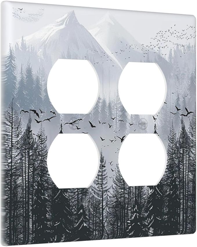 Misty Forest Nature Tree Mountain Birds Outlet Covers 2 Gang Double Duplex Decorative Light Switch Covers Electrical Wallplates Socket Faceplate for Bed Room Living Room Decor