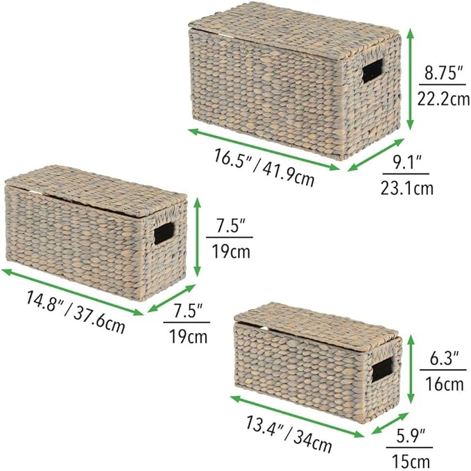 mDesign Woven Water Hyacinth Rectangle Storage Organizer Basket Bin with Topper Lid and Handles - Natural Farmhouse Holder Containers for Closet, Bedroom, Bathroom, Office - Set of 3 - Gray