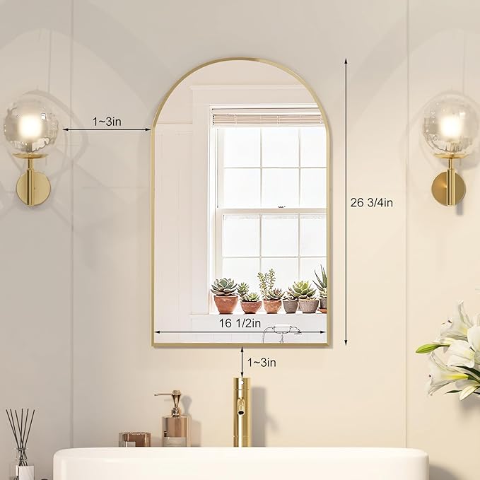 Recessed Medicine Cabinet for Bathroom,Brushed Gold Arched Medicine Cabinet with Mirror,Arch Mirrored Medicine Cabinets Recessed,Bathroom Mirror with Storage,Open from Left to Right 16x26