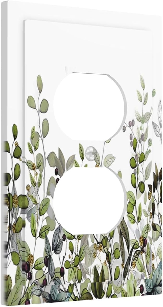 Watercolor Green Eucalyptus Leaves Plants Fruit Outlet Covers 1 Gang Duplex Light Switch Cover Decorative Switch Plates Electrical Receptacle Faceplate Wall Plate for Bed Room Living Room Decor