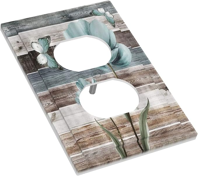 Rustic Vintage Teal Floral Barn Wood 1 Gang Duplex Outlet Covers Decorative Single Electrical Receptacle Wall Plate Turquoise Flower Butterfly Light Switch Cover Plate for Farmhouse Bathroom