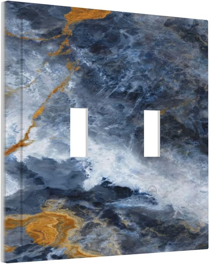 Decorative Light Switch Cover Plate Gold Dark Blue Gilt Haze Marble 2 Gang Switch Plate Covers Double Toggle Wall Plate Dual Device Faceplate for Bathroom Decor