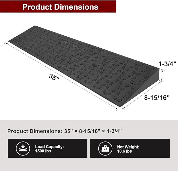 Ruedamann 1.8" Rise Threshold Ramps for Doorways, Sturdy Rubber Threshold Ramp, Non-Slip Ramp for Wheelchair for Home, Adjustable and Cuttable for Wheelchairs, Scooters, Sweepers, Curbs