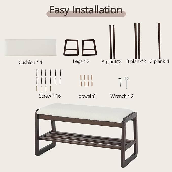 Shoe Rack Bench,2 Tier Wooden Entryway Bench with Shoe Storage, Shoe Rack with Cushion for Living Room, Hallway(Cream White, 31.5")