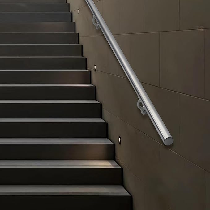 14 FT Modern Aluminum Handrail Set, handrails for Indoor Stairs,Deck,Slope, Wall Mounted Staircase handrails, Zink Alloy Brackets Included,Rust Free. (Anodized Silver, 14 FT)