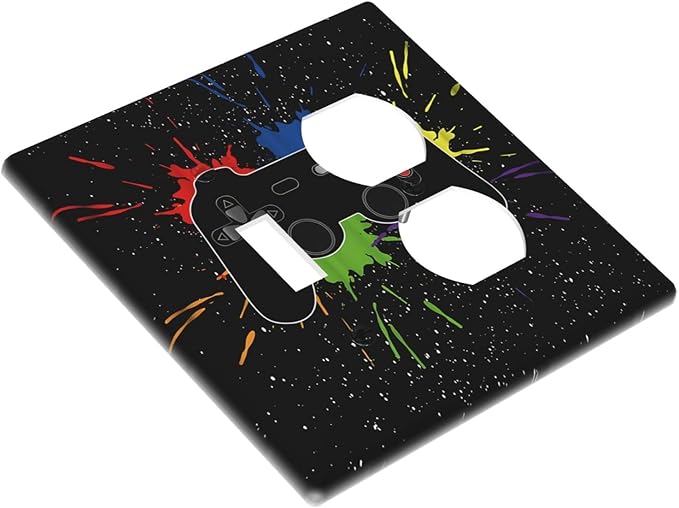 Classic Videogames Controller Black Splash Ink Colorful Wallplates 1 Toggle 1 Duplex Switch Plate Electrical GFCI Faceplate Decorative Light Switch Covers for Kids Room Nursery Decor