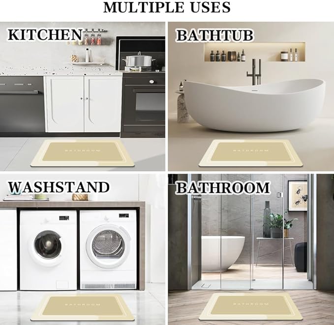 Bath Mat - Super Absorbent Non Slip Quick Dry Thin Rubber Mats for Bathroom Floor, Fit Under Door, Shower Rug for Bathtub, Beige